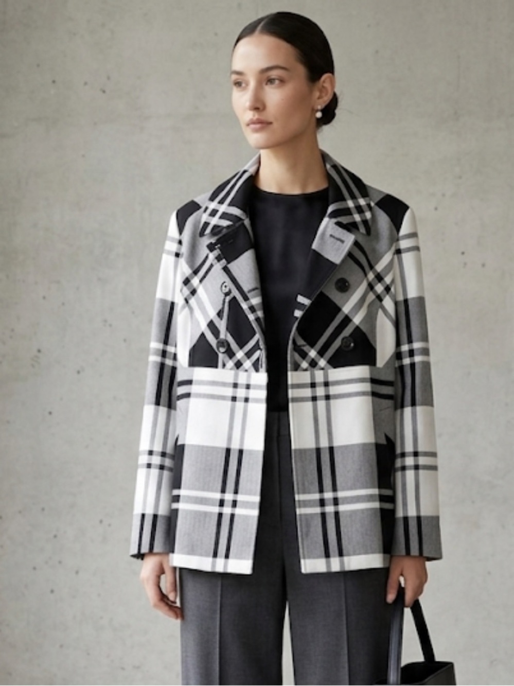 Sandro Black & White Plaid Double-Breasted Blazer large